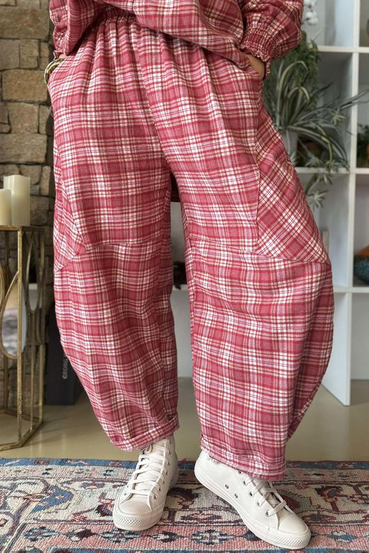 Patrick Plaid Brushed Cotton Barrel Pant Soft Red